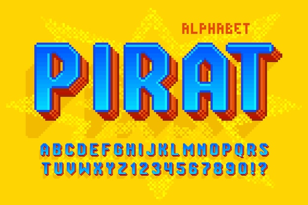 Pixel vector alphabet design, stylized like in 8-bit games. high contrast and sharp, retro-futuristic. easy swatch color control. resize effect. Premium Vector