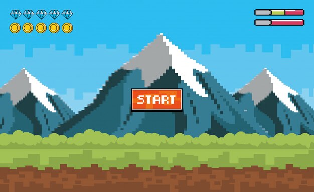Pixelated snowy mountains with diamonds and coins bars