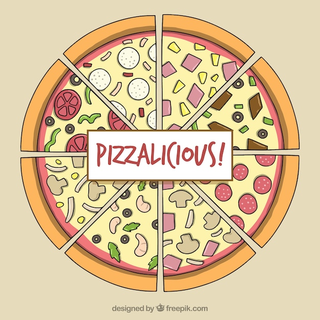 手で描かれた食材とピザの背景