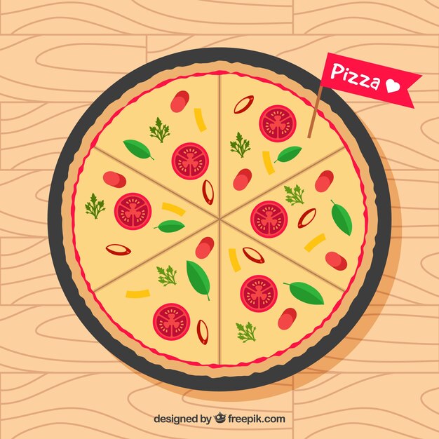 Pizza background with tomato and cheese on flat design