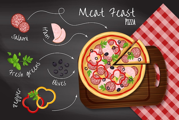 Pizza on the chalkboard background with the ingredients for the pizza pepper  olives tomato etc