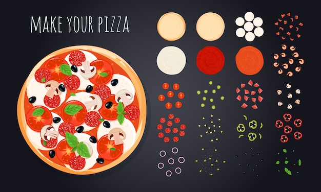 Pizza create decorative icons set with round pizza image 