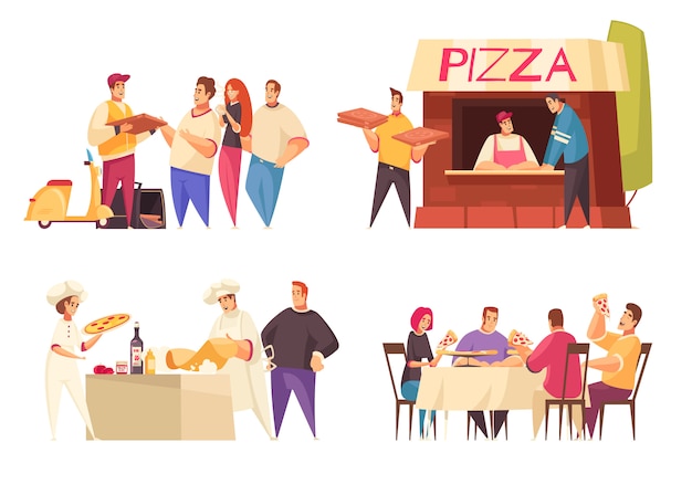 Vettore gratuito il concetto di progetto della pizza con il deposito e la famiglia della pizza di consegna della pizza alle descrizioni della tavola di cena vector l'illustrazione