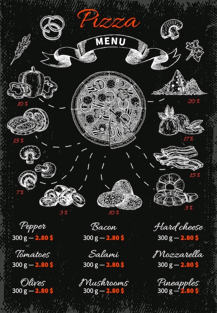Бесплатное векторное изображение Пицца рисованное меню