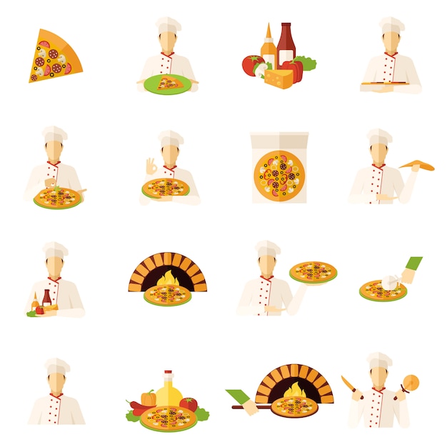 Pizza makers flat icons set