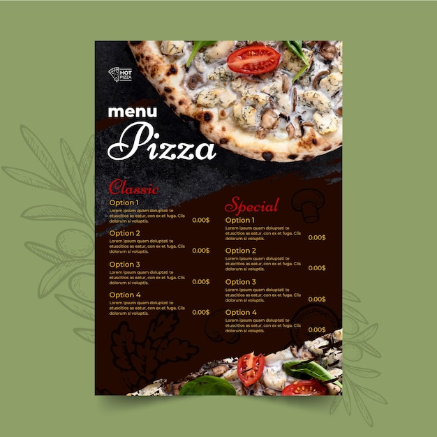 Vettore gratuito modello di menu ristorante pizzeria