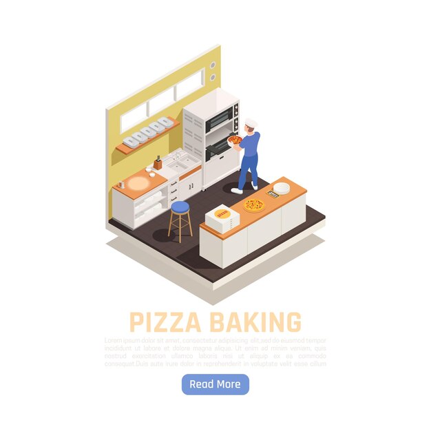 Pizza shop takeaway restaurant delivery baking and service counter isometric composition with setting in oven