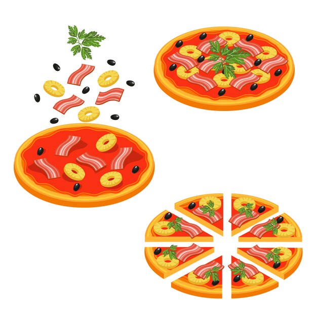 Pizza Sliced Isometric Icon Set