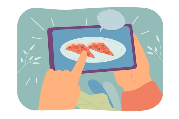 Vettore gratuito fette di pizza sull'illustrazione vettoriale piatta dello schermo del tablet. uomo che ordina fast food online utilizzando un dispositivo digitale e un'applicazione telefonica. cibo, concetto di consegna per banner, progettazione di siti web o pagina web di destinazione