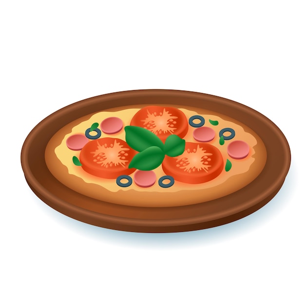 토마토 3d 벡터 일러스트와 함께 피자입니다. 흰색 배경에 격리된 만화 스타일로 집이나 레스토랑에서 이탈리아 요리를 제공합니다. 레스토랑, 메뉴, 음식 컨셉