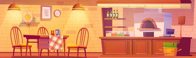 Vettore gratuito interno pizzeria o accogliente bar familiare con forno per pizza, banco cassa, tavoli e sedie in legno in stile rustico.