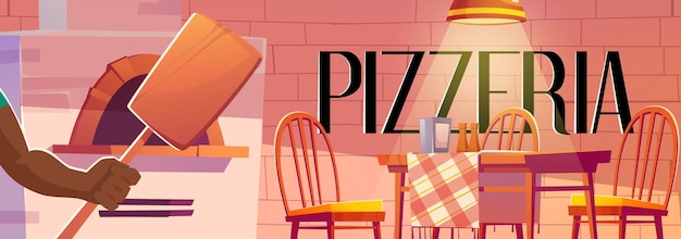 Pizzeria poster with cozy cafe interior with oven