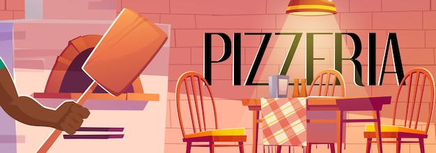 오븐이 있는 아늑한 카페 인테리어가 있는 피자 포스터