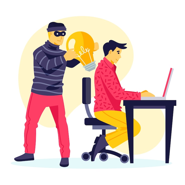 मुफ़्त वेक्टर plagiarism concept with thief stealing ideas