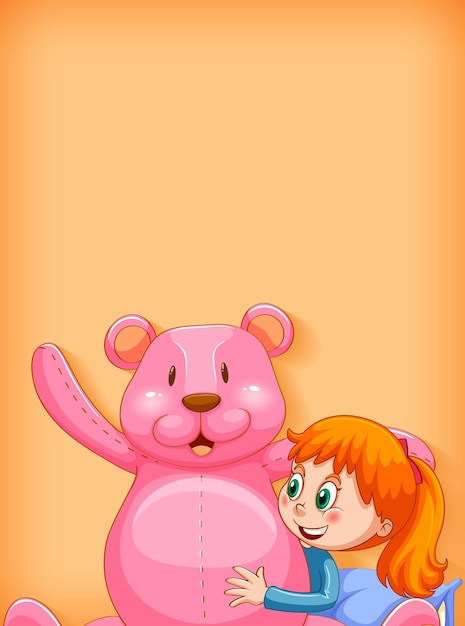 Plain background with girl and big teddy bear