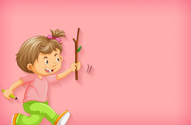 Plain background with happy girl with a wooden stick