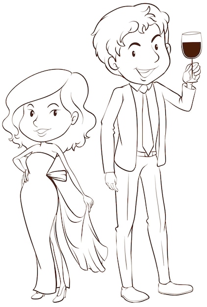 A plain sketch of a boy and a girl in their formal attires