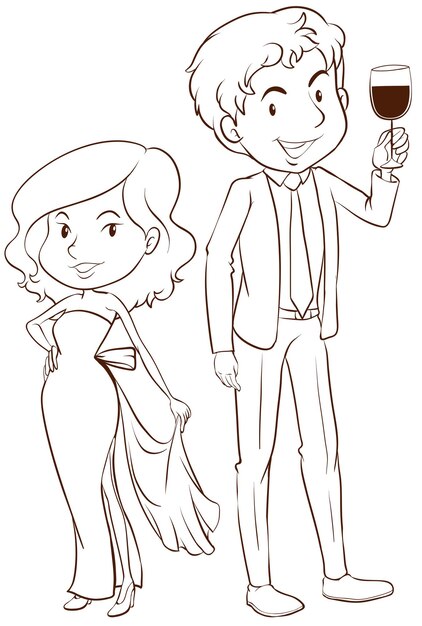 A plain sketch of a boy and a girl in their formal attires