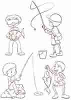 Free vector plain sketches of the boys fishing