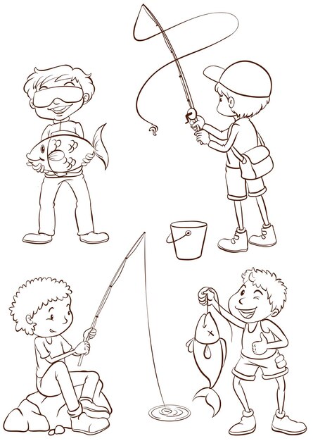 Plain sketches of the boys fishing