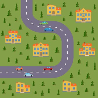 План села. пейзаж с дорогой, лесом, машинами и домами. векторная иллюстрация