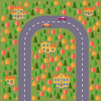План села. пейзаж с дорогой, лесом, двумя машинами и домами. векторная иллюстрация