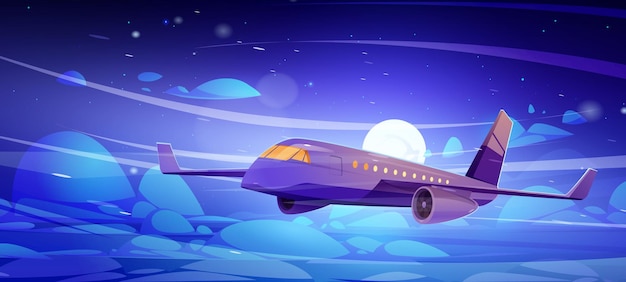 Free vector plane fly in night sky with clouds and full moon