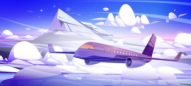 Free vector plane fly above white fluffy clouds near mountain