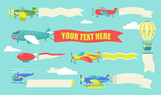 Free vector planes with flying banners set