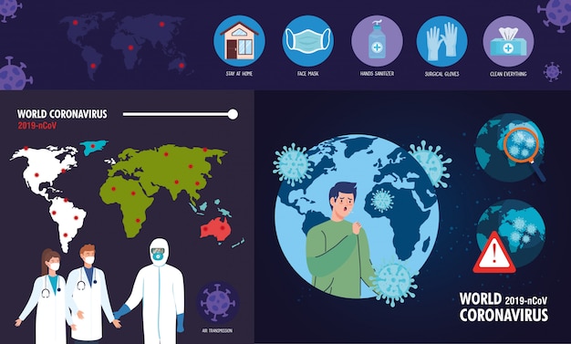 Planet earth with covid19 particles set icons