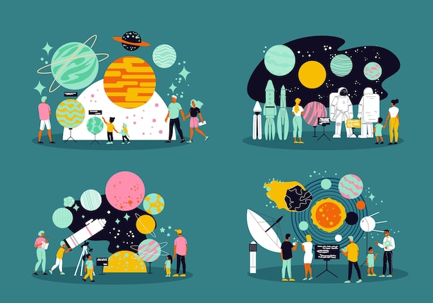 우주와 태양계 평면 그림에 대해 배우는 사람들의 천문관 2x2 디자인 개념 세트