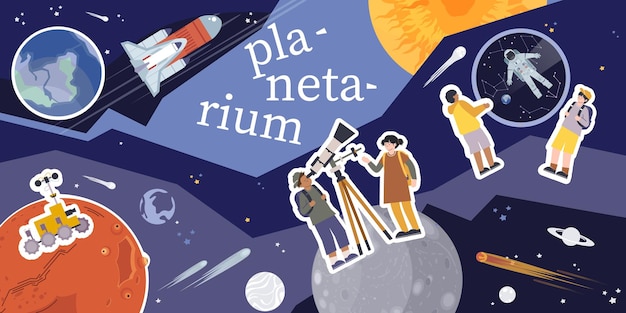 Free vector planetarium composition with collage of flat icons with planets rockets stars and human characters with text vector illustration