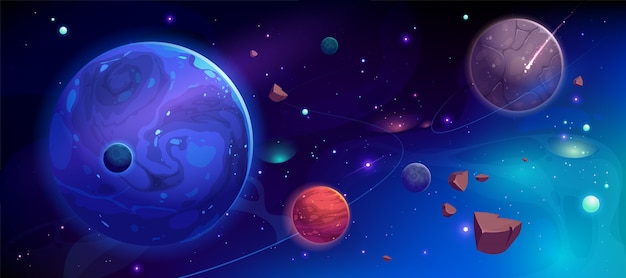 Планеты в космосе со спутниками и метеорами иллюстрации