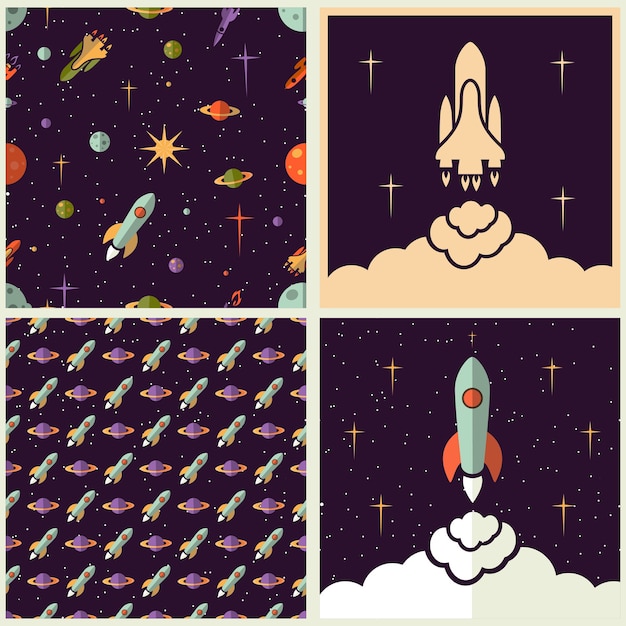 Planets, rockets and stars backgrounds set in different styles