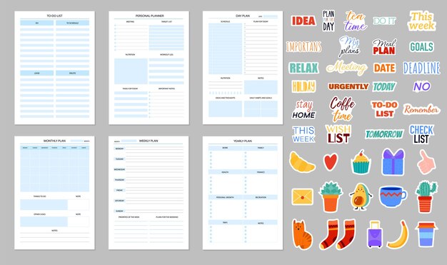 Planners and daily notebooks with set of sticker templates decorated with cartoon images and handwritten lettering flat isolated vector illustration