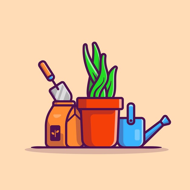 Plant, Pot, Kettle And Shovel Cartoon  Icon Illustration. Nature Object Icon Concept 