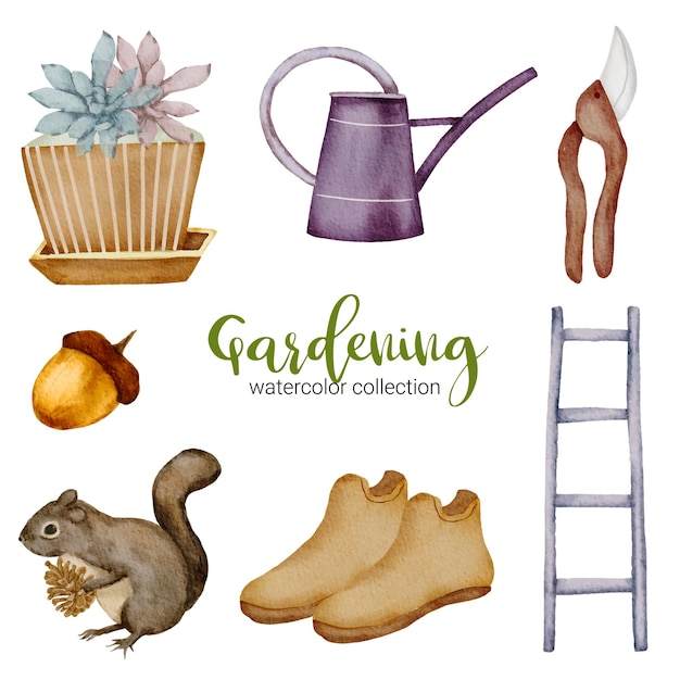 Plant pot, squirrel, boot, scissors, ladder and watering can, set of gardening objects in watercolor style on the garden theme.