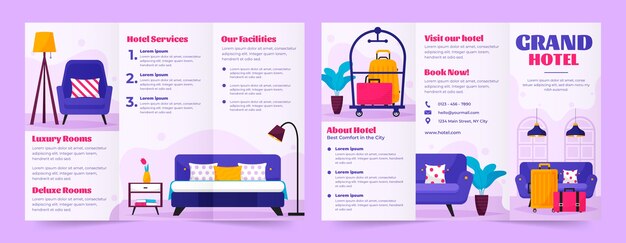 Plantilla de folleto tríptico plano para alojamiento en hotel