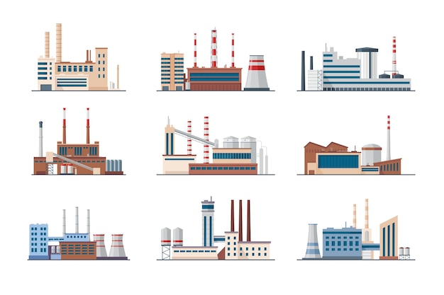 Set di stabilimenti e stabilimenti. edifici industriali con tubi di fumo isolati su bianco