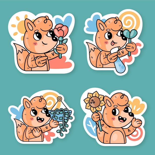 Plants and flowers stickers collection with fox