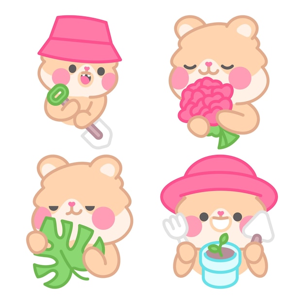 Free vector plants and flowers stickers collection with kimchi the hamster