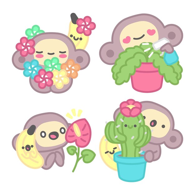 원숭이와 바나나가 있는 식물과 꽃 스티커 컬렉션