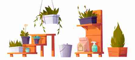 Free vector plants in pots on wooden stand for greenhouse