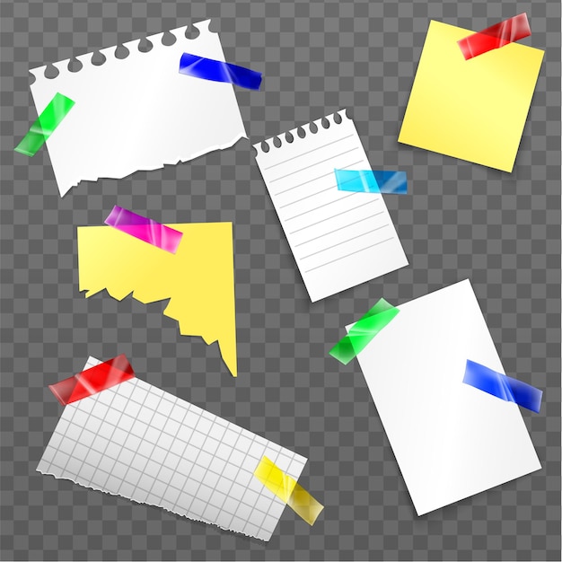 Бесплатное векторное изображение Пластиковая клеящая лента реалистичные листы бумаги композиция с ржавой бумагой, приклеенной к прозрачной поверхности фоновой векторной иллюстрации