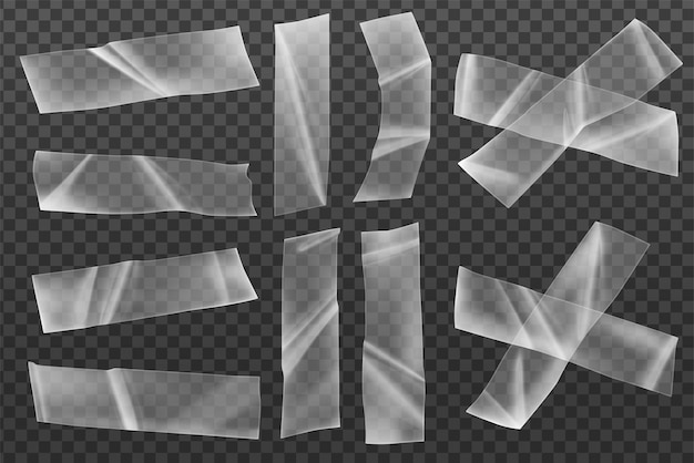 plastic adhesive duct tape set with transparent background and realistic images with pieces of sealing tape vector illustration