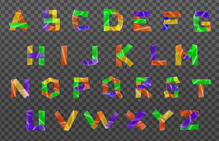 मुफ़्त वेक्टर plastic adhesive tape realistic colored alphabet set with isolated letters made of colorful pieces of tape vector illustration