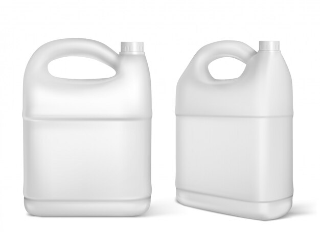 Plastic canisters, white jerrycan isolated bottles