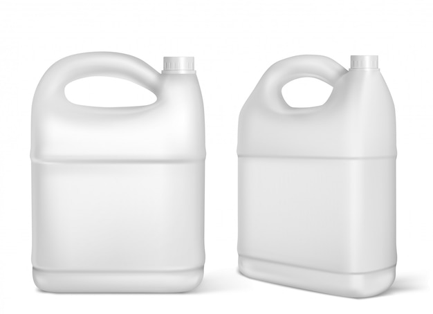 Plastic canisters, white jerrycan isolated bottles