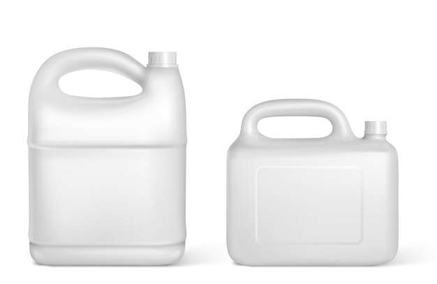 Plastic canisters, white jerrycan isolated bottles