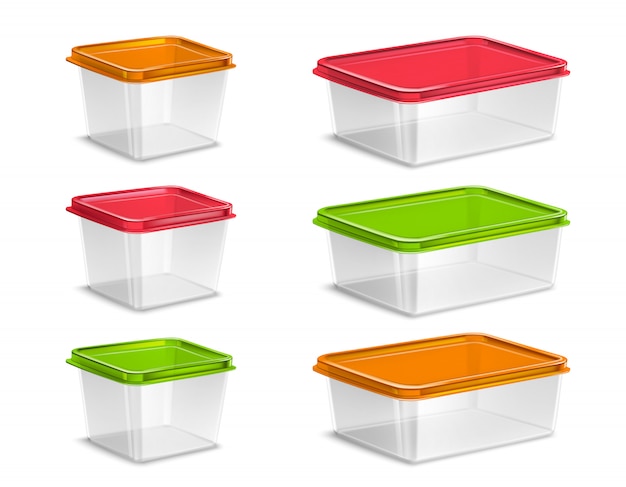 Free vector plastic colored food containers set realistic isolated